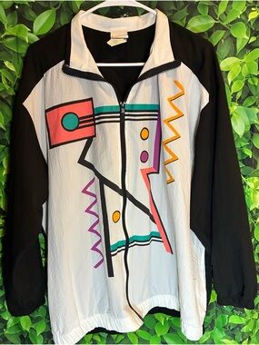 Teddi Sport XL 80’s Graphic Zip-Up Windbreaker Jacket - Black & White Print